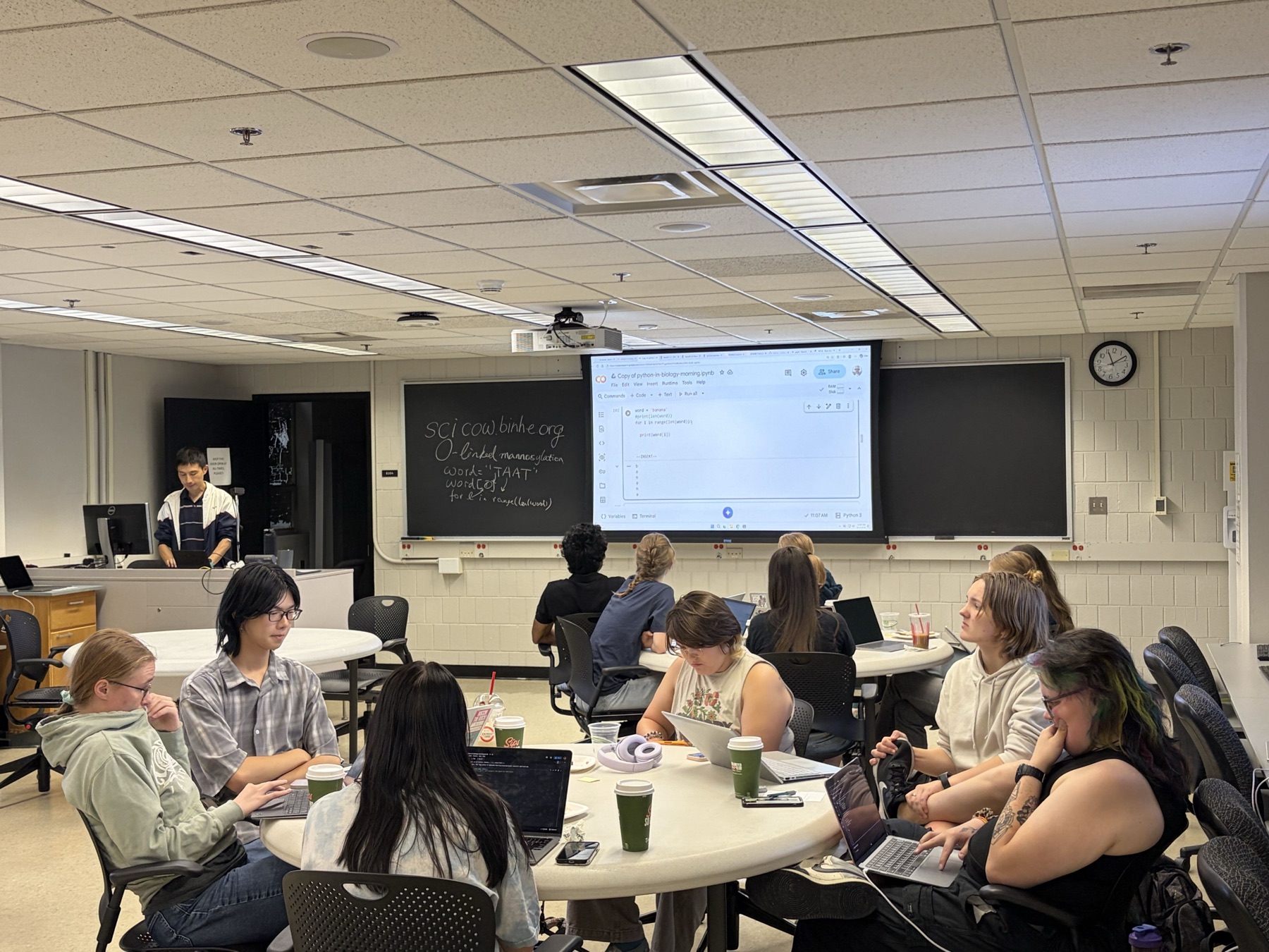An instructor demonstrates Python while students work together around classroom tables
